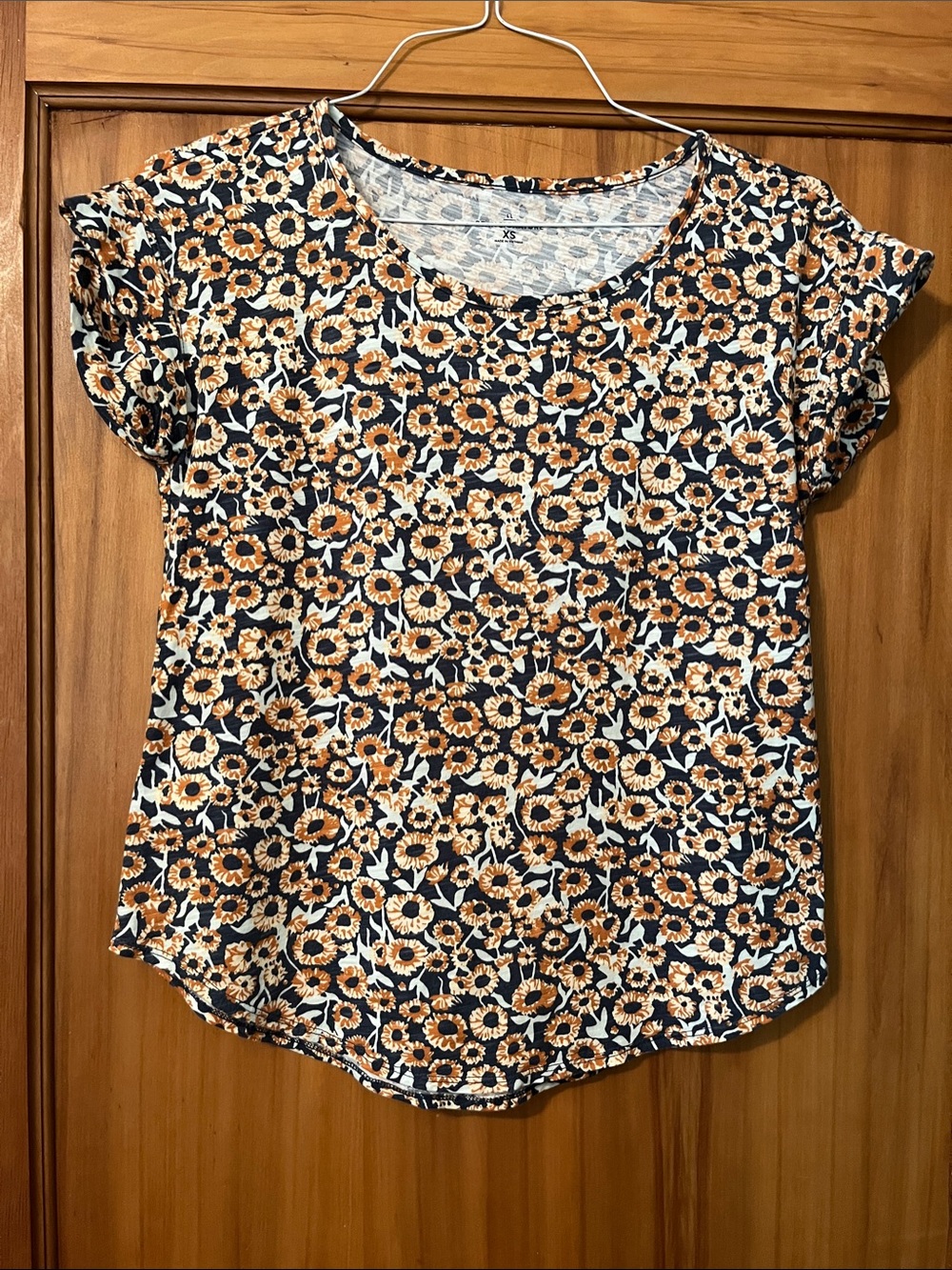 LL Bean Signature Floral Scoop Neck Tee - Navy & Mustard, Size XS